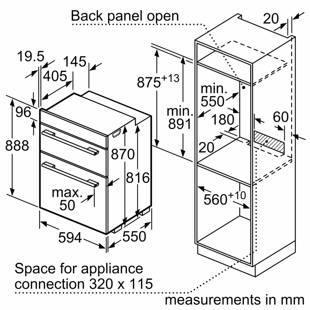 Technical drawing showing dimensions and installation space for Neff 50 built-in double oven Pyrolytic U2ACH7AG7B.