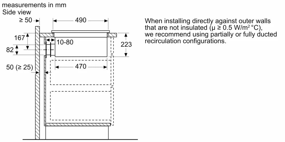 Neff N50 induction hob with integrated ventilation system shown from side with installation measurements.