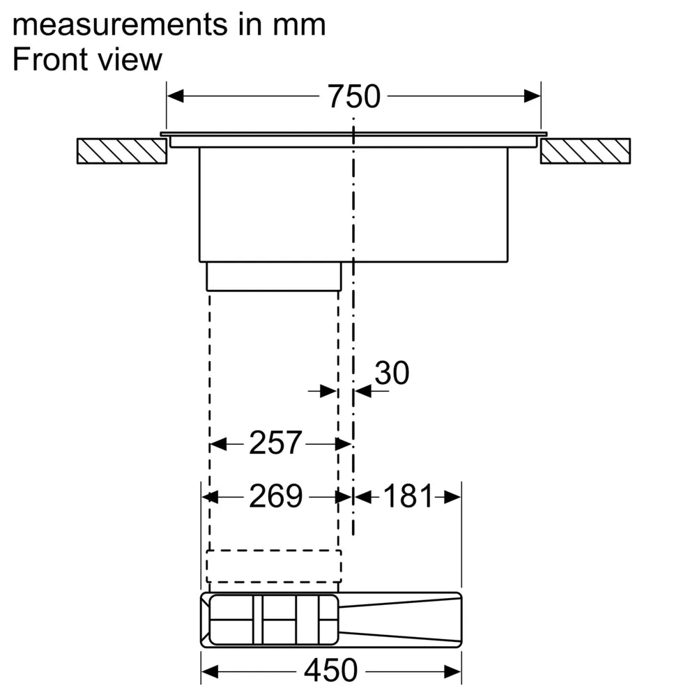 Technical drawing showing front view dimensions of Neff N50 Induction Hob with Integrated Ventilation system.