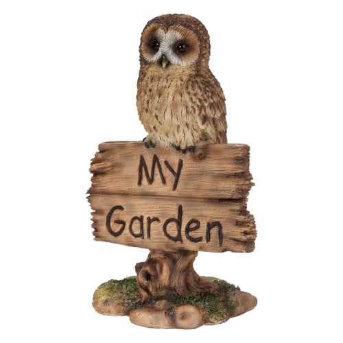 My Garden Sign Tawny Owl resin ornament, frost-resistant, hand-finished, realistic eyes, 16cm tall – Keans Claremorris