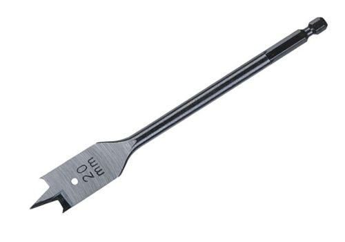 Milwaukee 20mm flat wood drill bit with hex shank, showing cutting spurs and engraved size marking.