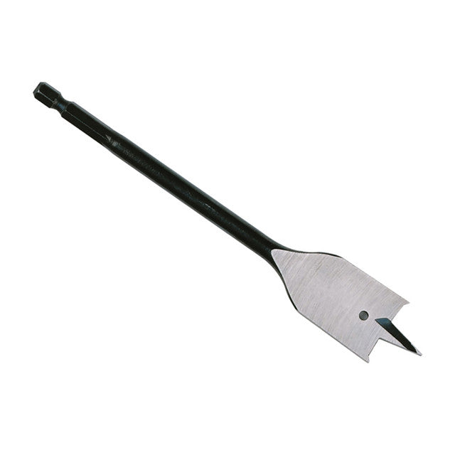 Milwaukee 25mm x 160mm flat drill bit with black shaft and silver cutting blade on white background