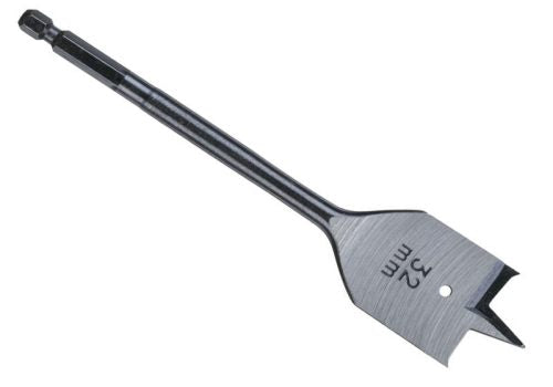 Milwaukee 32mm flat wood drill bit with 1/4" hex shank and sharp cutting edges visible on blade.