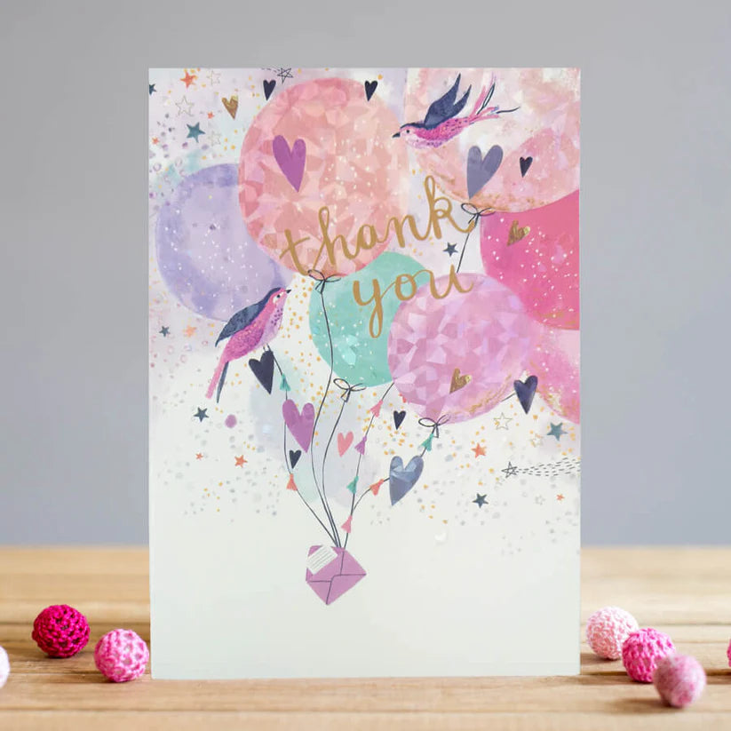 LT Thank You card with colorful balloons, birds, hearts, and gold "thank you" text on textured card.