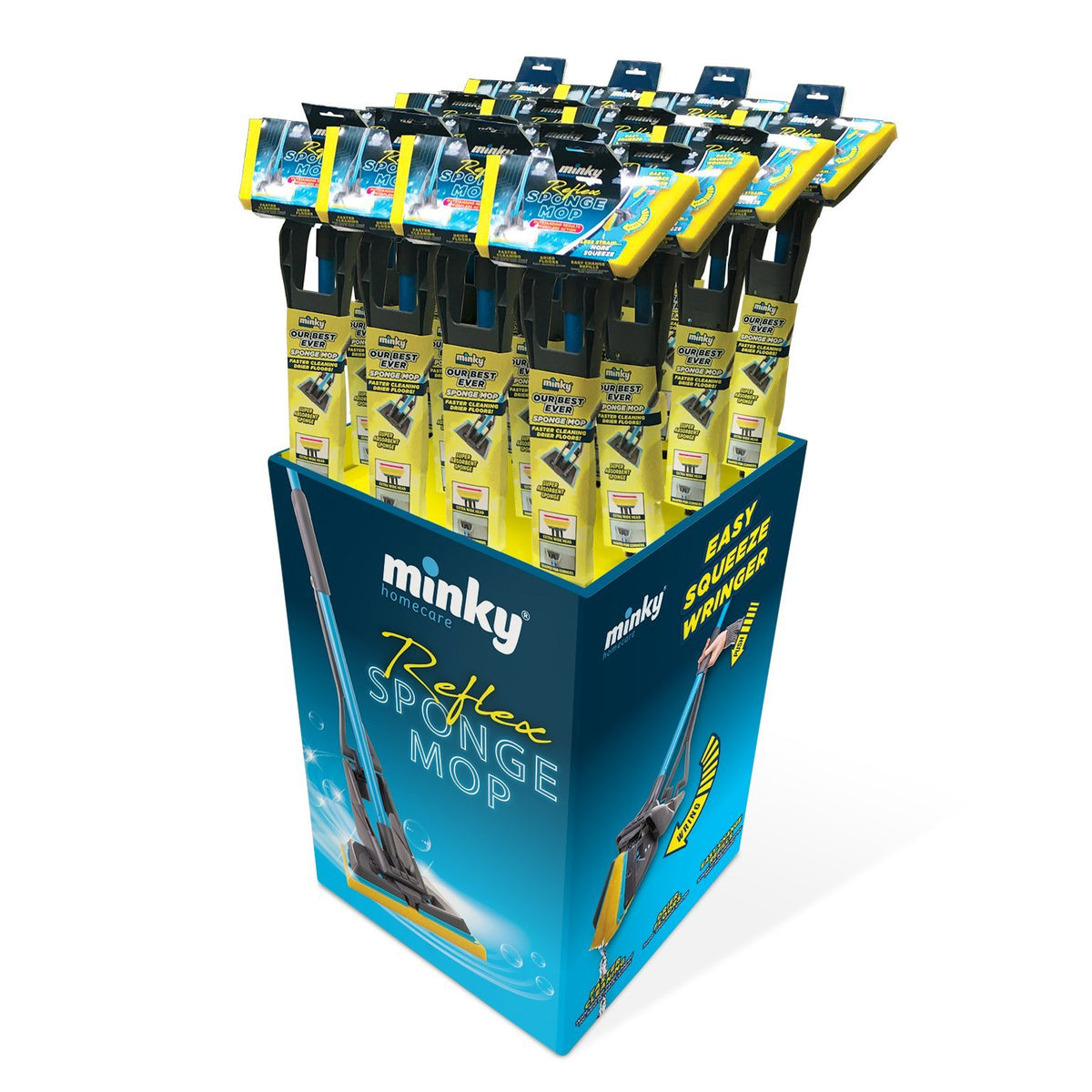 Display box filled with multiple Minky Reflex Sponge Mops in yellow and black packaging.
