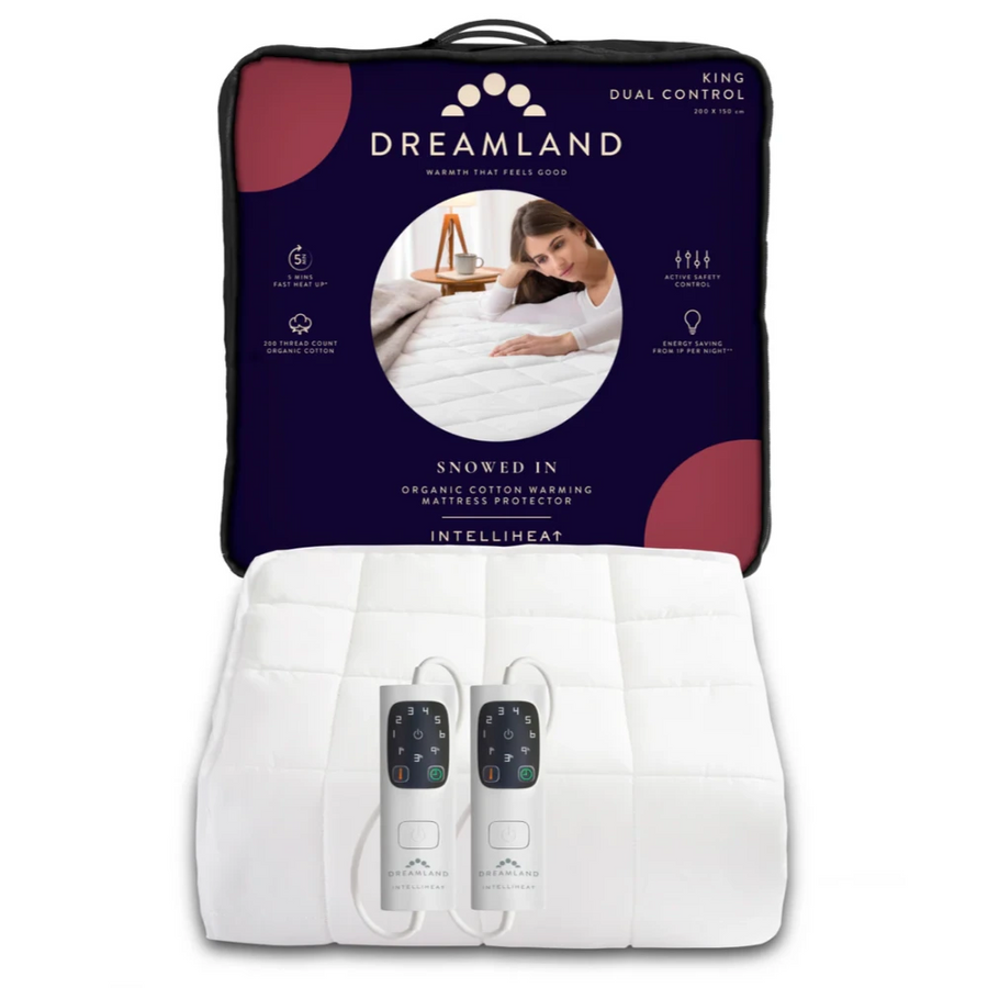 Dreamland Snowed In King mattress protector with dual controllers and packaging in background