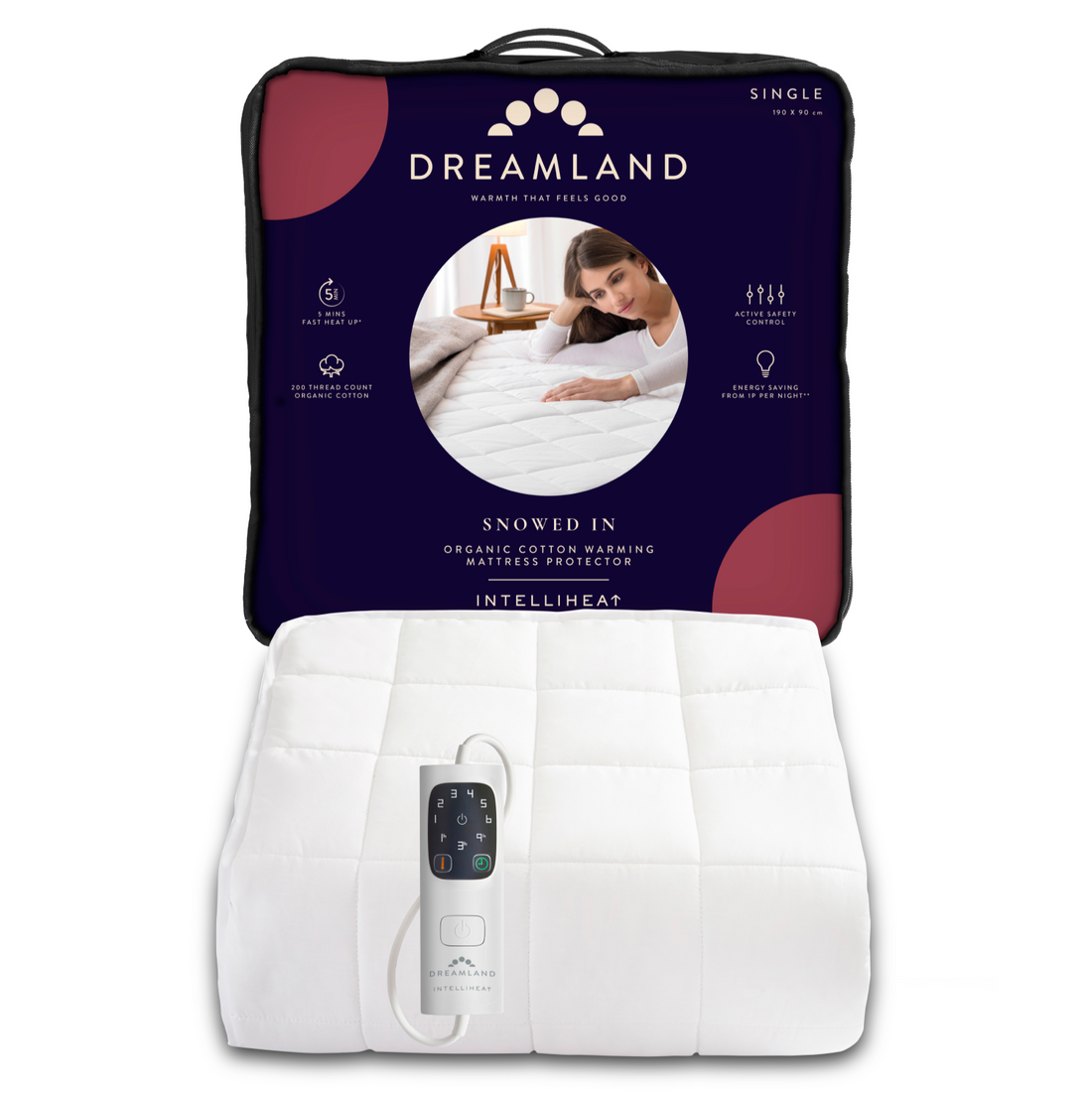 Dreamland Snowed In single electric mattress cover with white quilted fabric and digital controller.