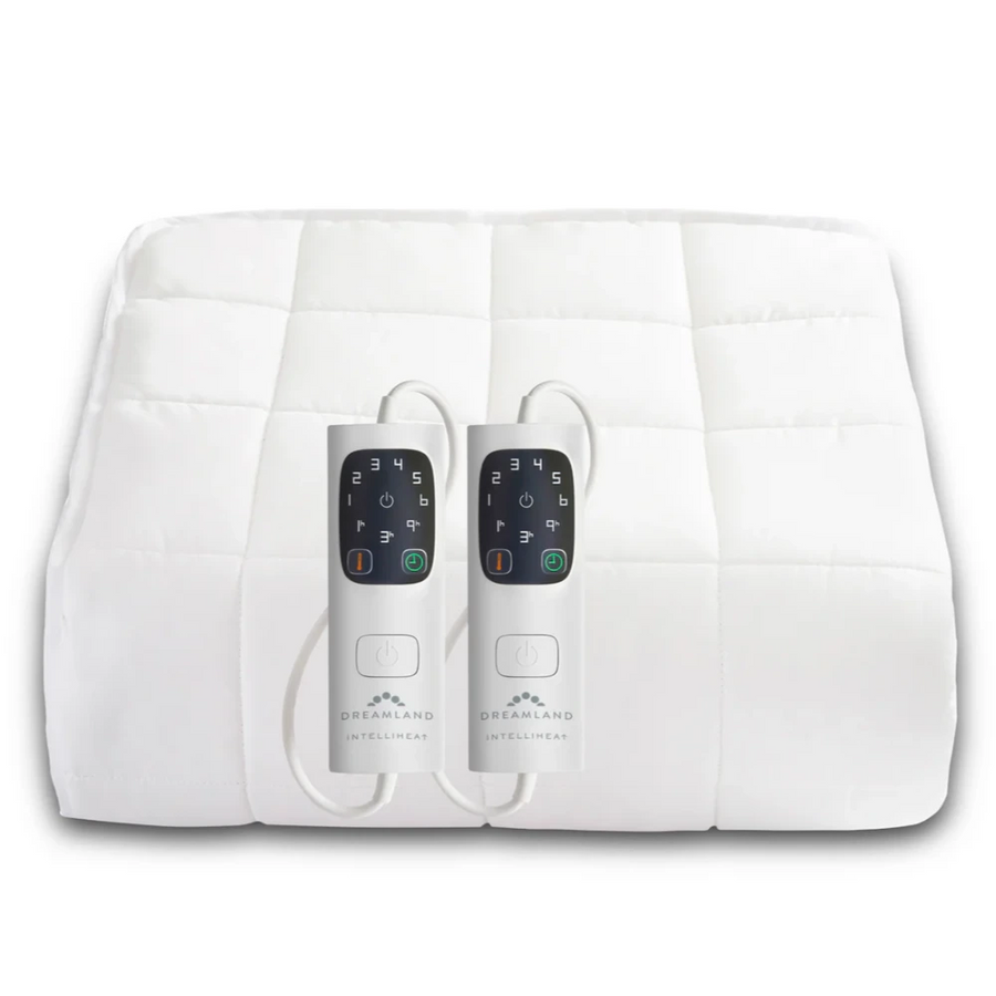 Dreamland Snowed In Organic Cotton King mattress protector with two white dual control heat remotes.