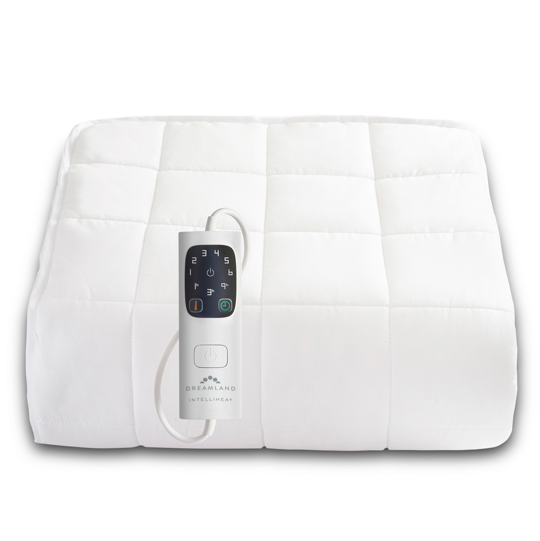 Folded white Dreamland Mattress Cover Electric Blanket Single with attached digital controller on top
