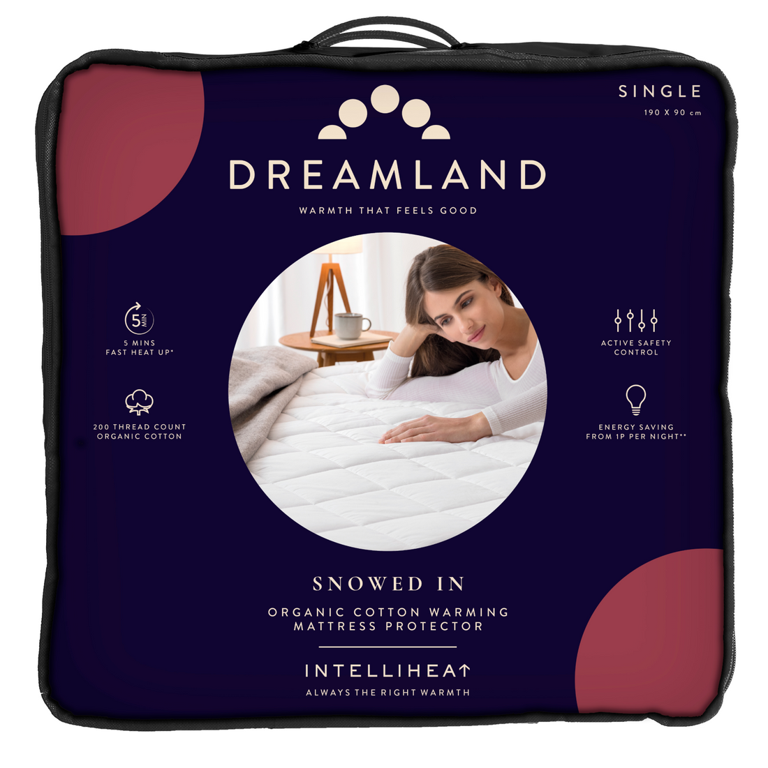 Dreamland Snowed In single electric mattress cover packaging with woman lying on white quilted mattress protector