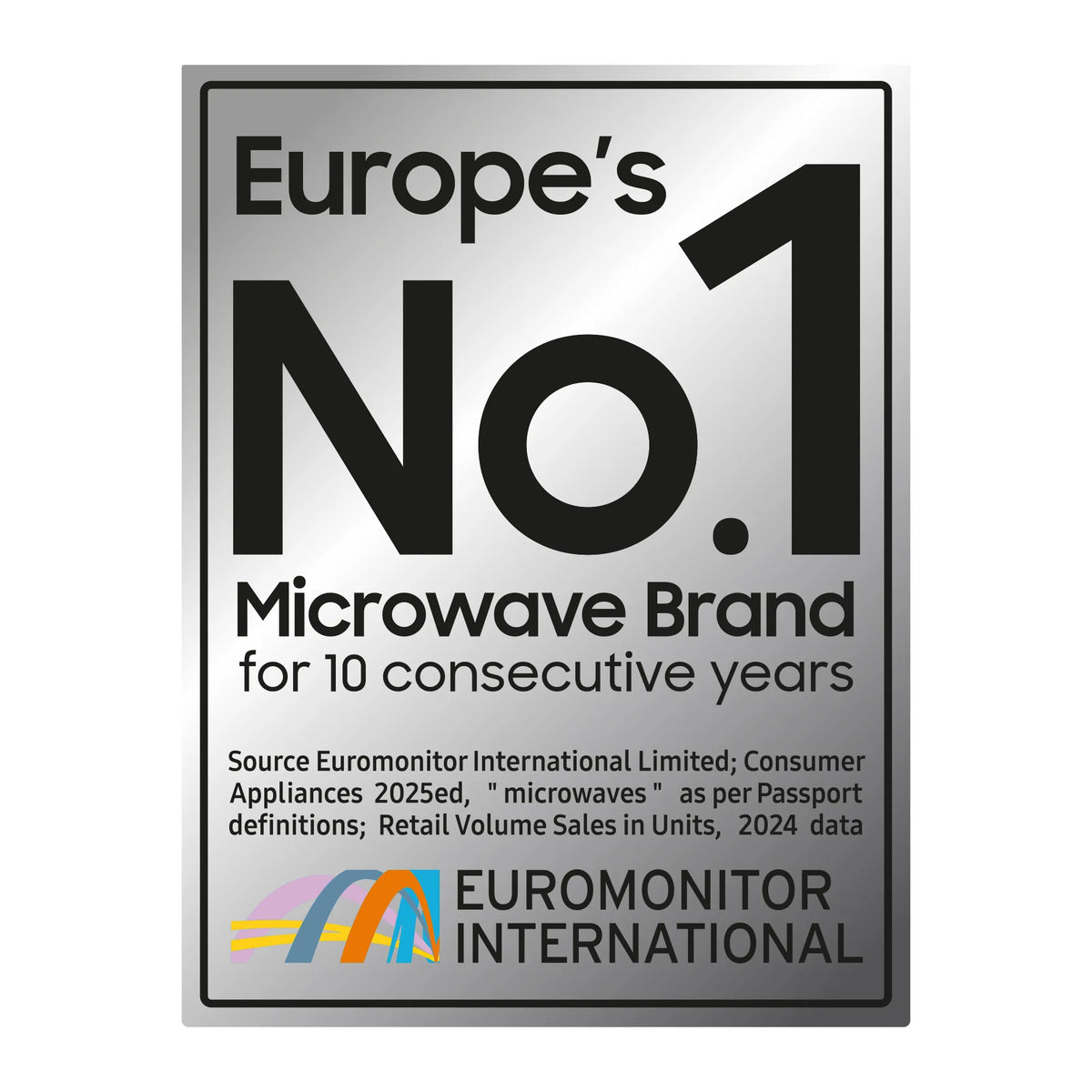 Silver badge showing Samsung as Europe's No.1 microwave brand for 10 consecutive years by Euromonitor International