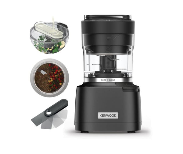 Kenwood countertop food processor in matte black with a clear bowl, shown on a white background with two inset views of the clear bowl containing chopped green onions and a spoon scraper tool.