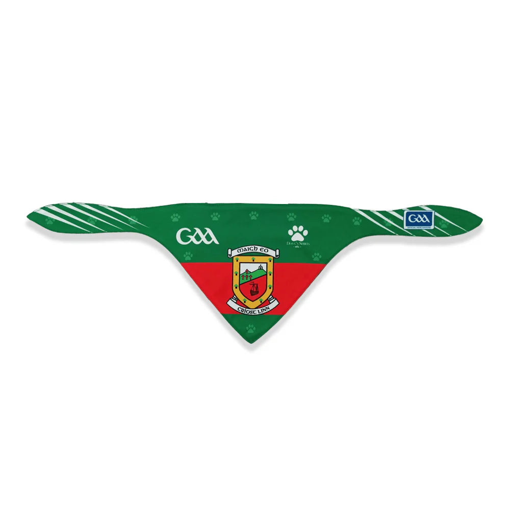 Green and red Mayo GAA pet bandana with team crest, GAA logos, and paw print pattern.