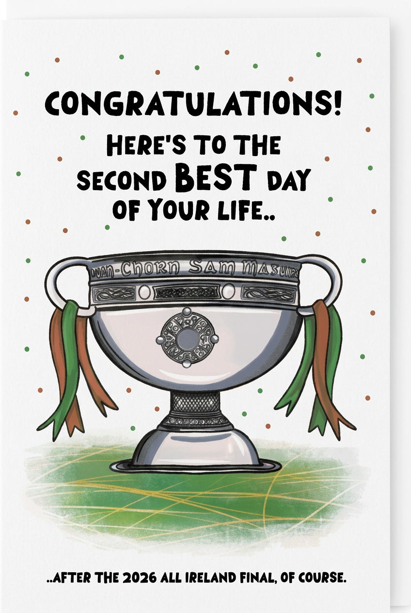 A novelty congratulations card featuring a silver trophy with green and brown ribbons, with the text 'CONGRATULATIONS! HERE'S TO THE SECOND BEST DAY OF YOUR LIFE.