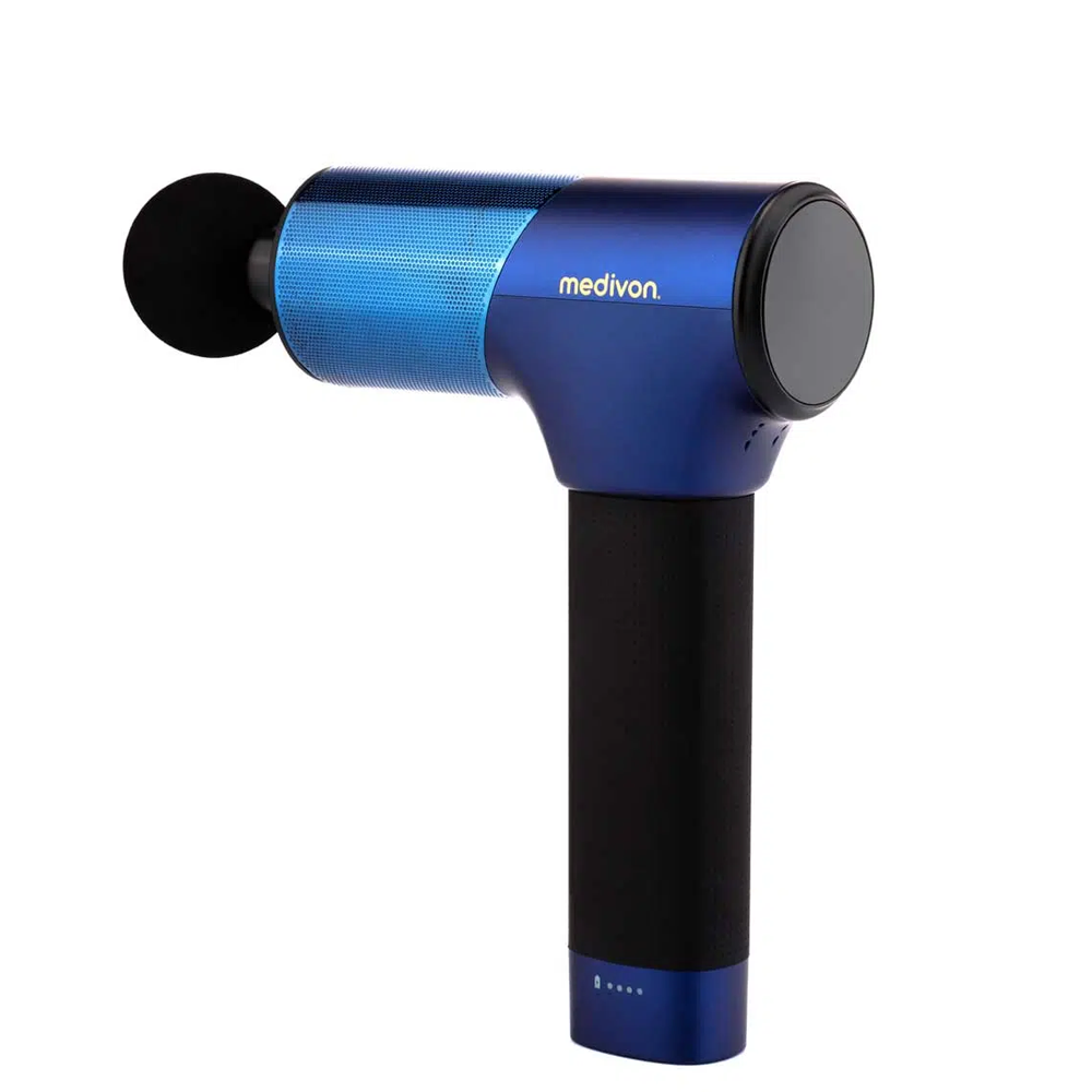 Medivon ElitPulse Navy Massage Gun with percussion therapy, adjustable intensity, quiet motor, and carry bag – available at