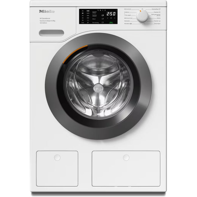 Miele WEB685 WCS 125 Edition 8kg front-load washing machine in white with CapDosing, Honeycomb Drum, at Keans Claremorris.