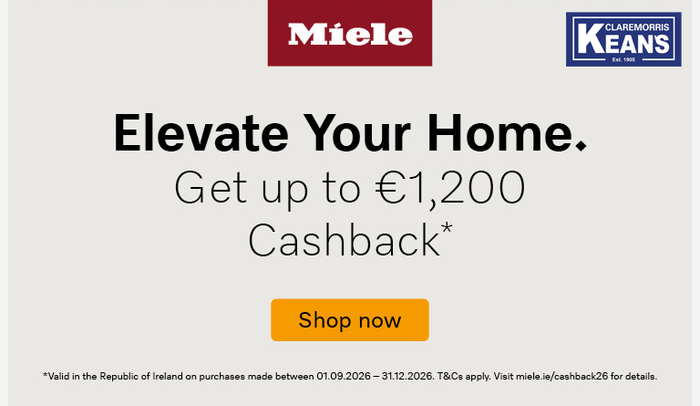 Promotional banner for Miele and Keurig home appliances, featuring a Miele coffee maker, washing machine, and refrigerator on the left, and text on the right reading 'Elevate Your Home. Get up to €1,200 Cashback*' with a Miele logo and a Keurig logo.