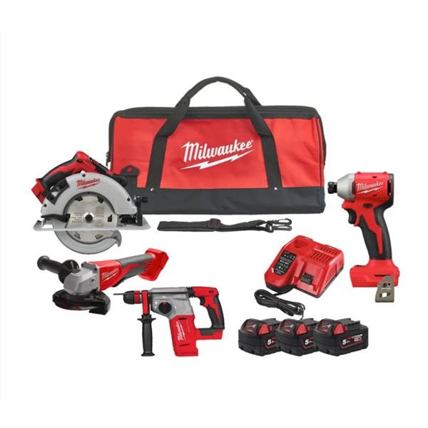 Milwaukee 4 Piece Brushless Tool Kit with 3x 5.0Ah batteries, impact driver, hammer drill, circular saw, angle grinder –