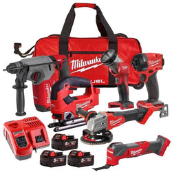 Milwaukee M18 Fuel Brushless 6 Piece Kit with 3x 5Ah batteries, impact driver, grinder, hammer, multi-tool, jigsaw, torch –