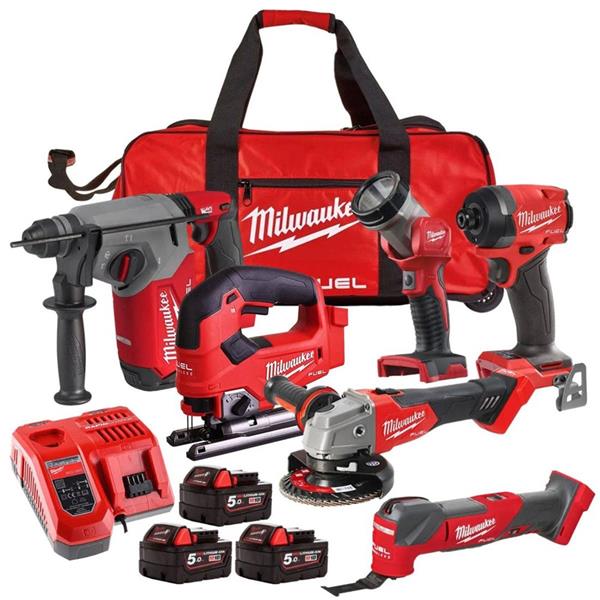 Milwaukee M18 Fuel Brushless 6 Piece Kit with 3x 5Ah batteries, impact driver, grinder, hammer, multi-tool, jigsaw, torch –