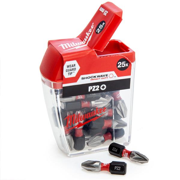 Milwaukee Shockwave PZ2 x 25mm Impact Duty Bit Set, 25-pack, laser-hardened tip, SHOCK ZONE™, Keans Claremorris