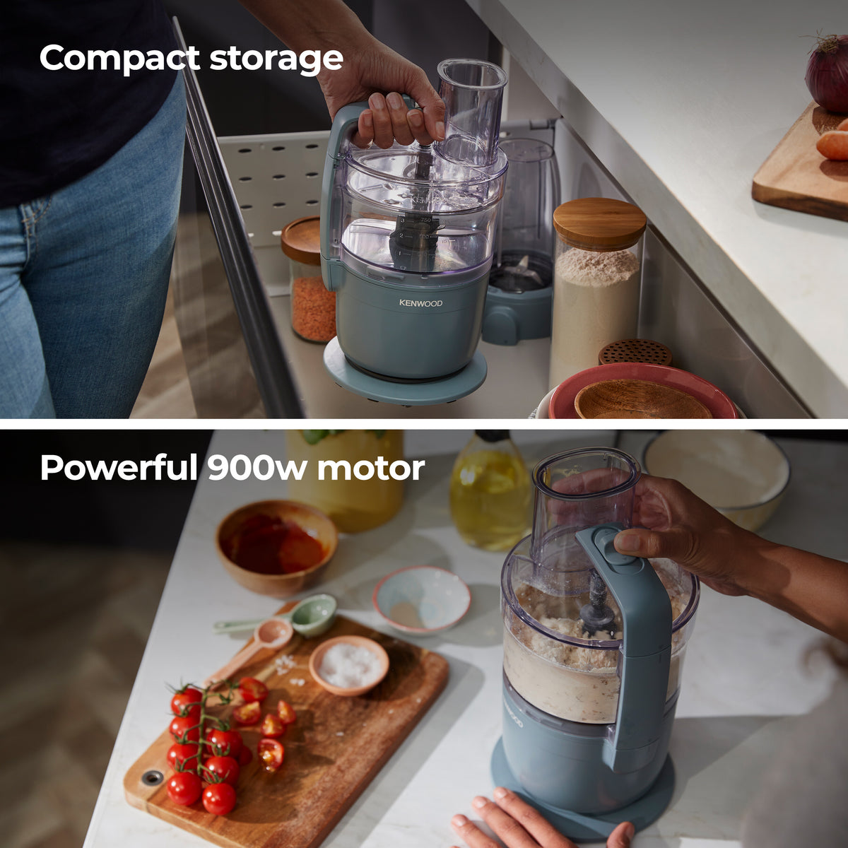 Hand holding the Kenwood Multipro Go Blend Food Processor in storm blue, stored in a kitchen drawer.
