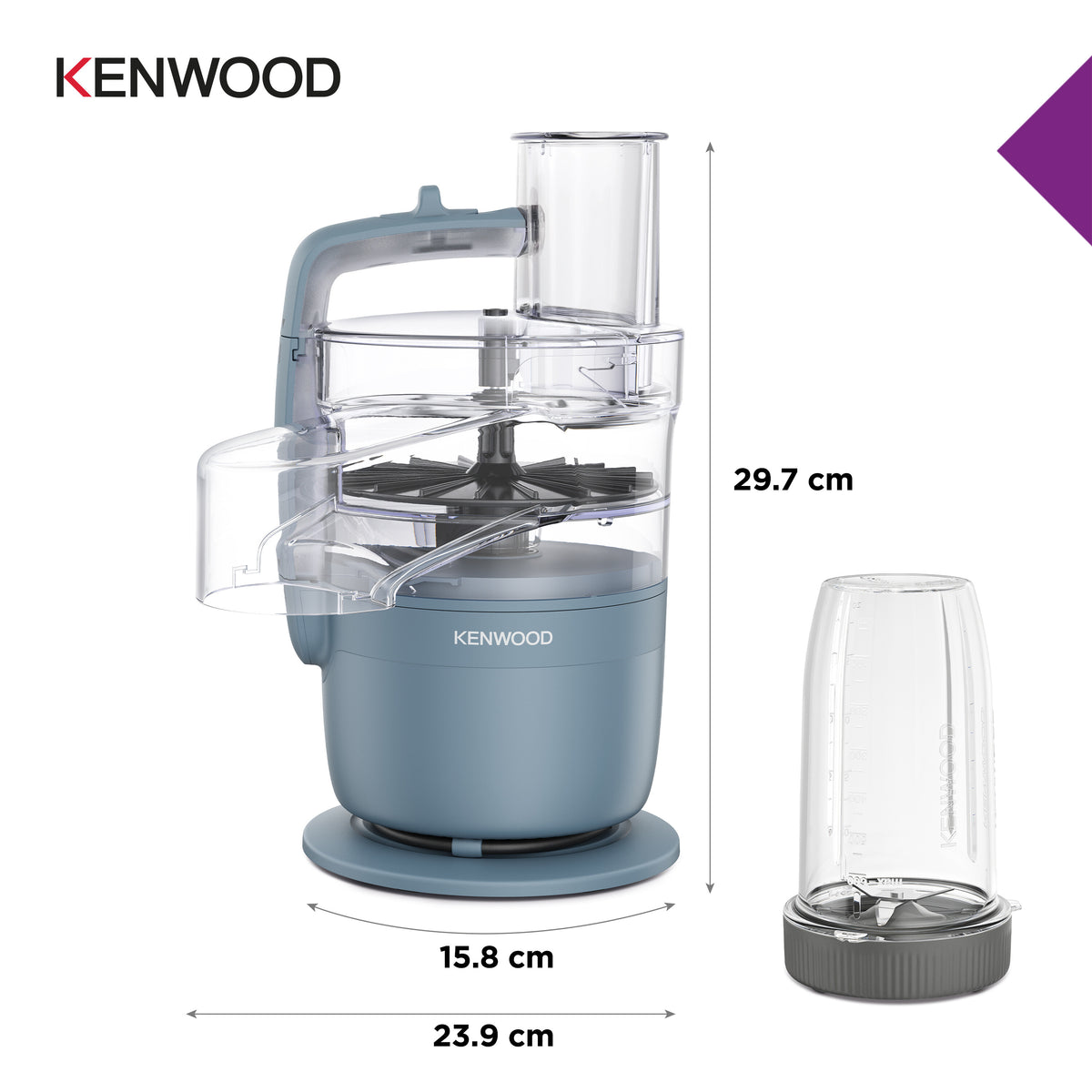 Kenwood Multipro Go Blend food processor in storm blue with clear plastic bowl and separate blending jar with blades.