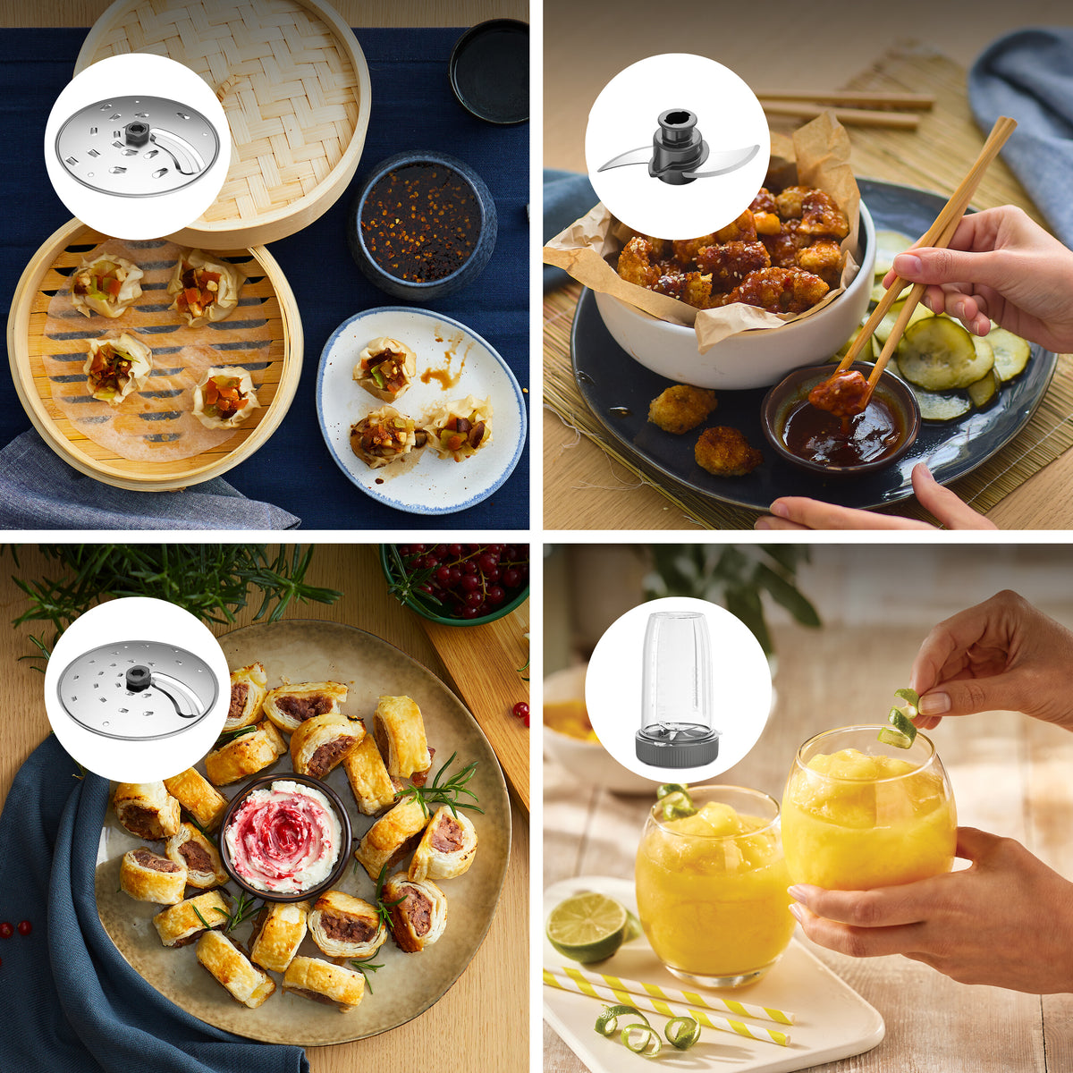 Kenwood Multipro Go Blend Food Processor disc and blade attachments shown with food dishes and hands using chopsticks.