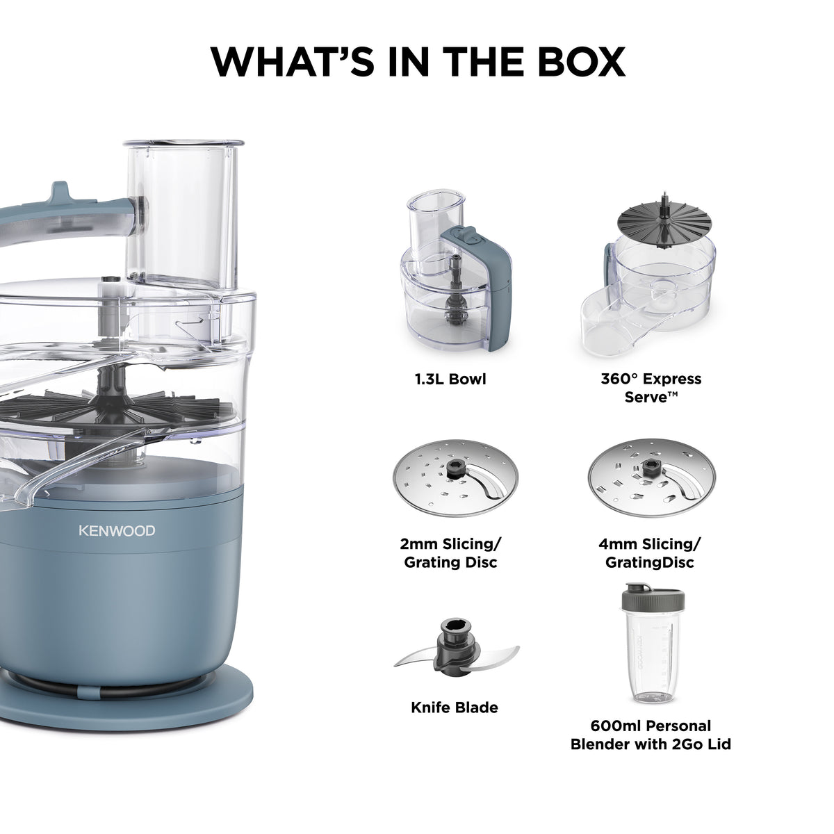 Kenwood Multipro Go Blend food processor parts including 1.3L bowl, discs, knife blade, and personal blender bottle