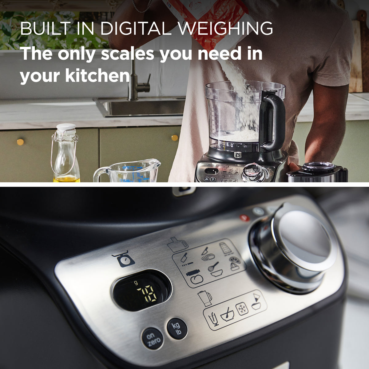 Close-up of Kenwood MultiPro XL Weigh food processor control panel with digital scale display and function buttons