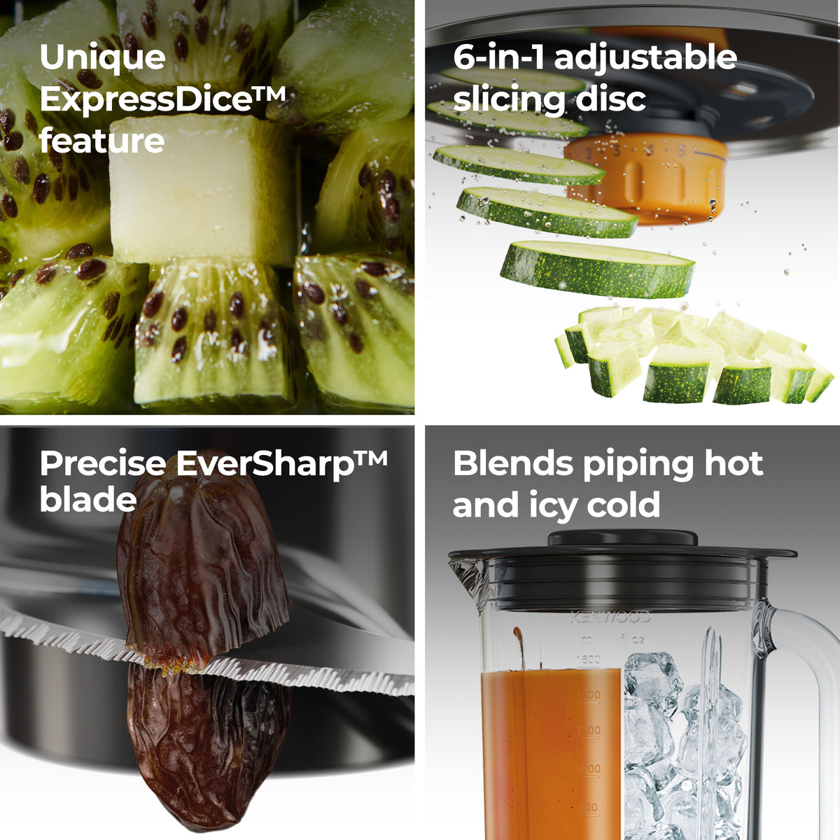 Close-up of Kenwood MultiPro XL Weigh food processor slicing cucumber and dicing kiwi with blades and discs visible