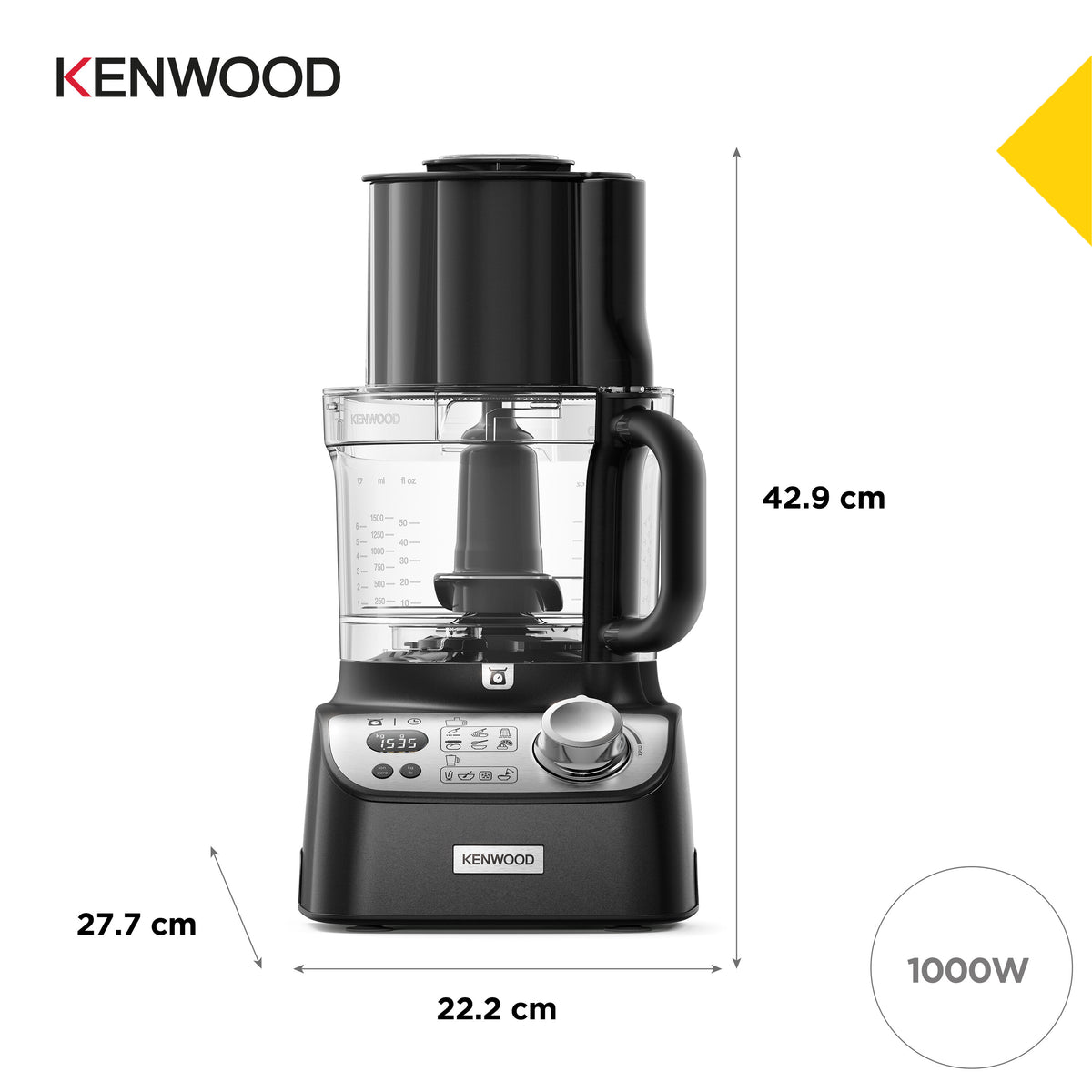 Kenwood MultiPro XL food processor in black with clear bowl, digital display, and control dial on base