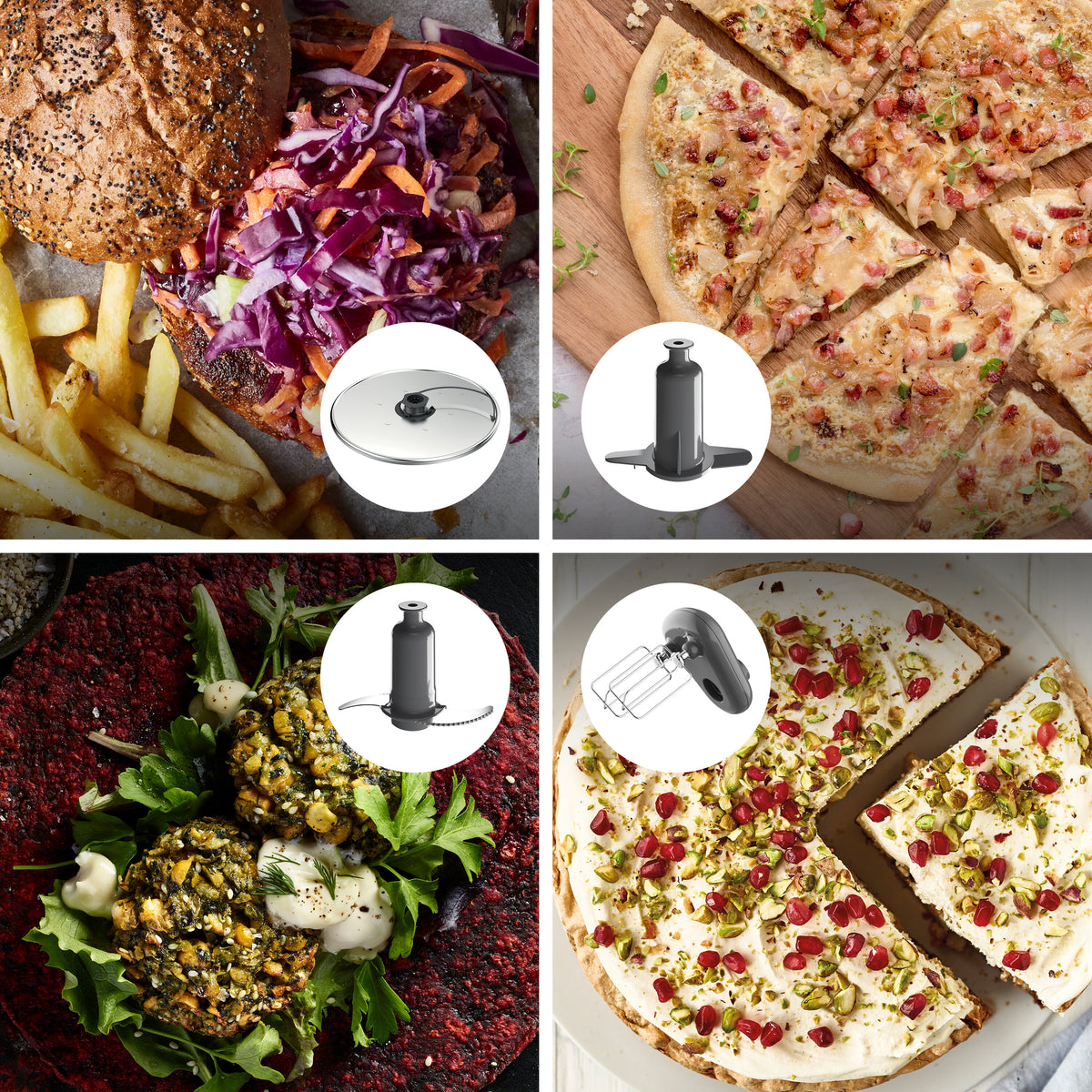 Four food dishes with circular insets showing Kenwood MultiPro XL Weigh + Food Processor attachments and blades.