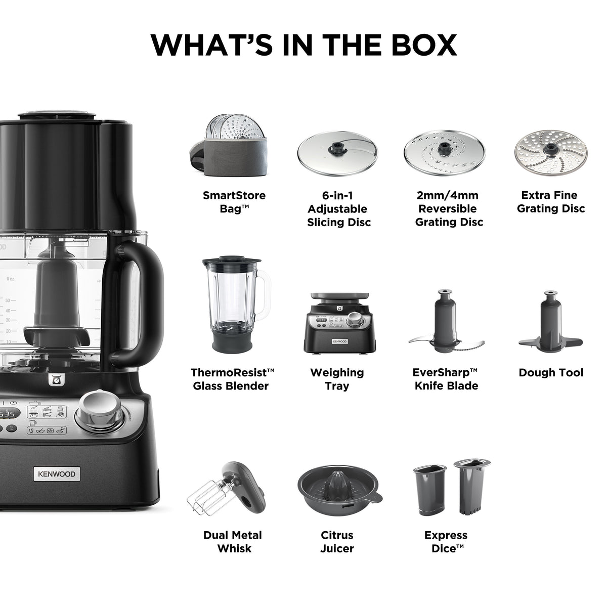 Kenwood MultiPro XL Weigh food processor with attachments including discs, blender, whisk, juicer, and dicing tools.