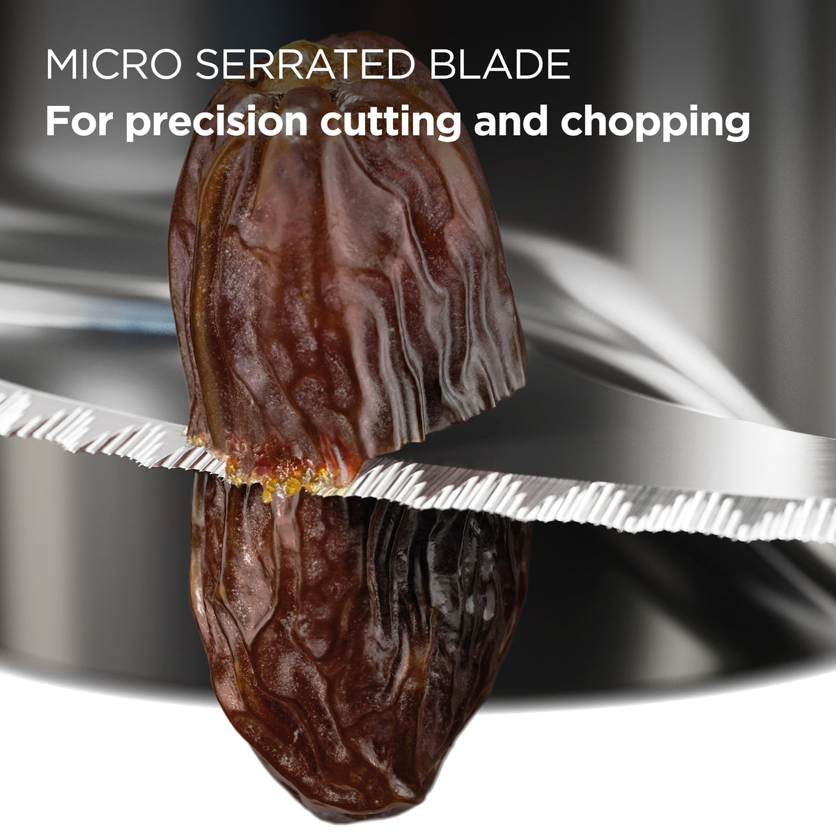 Close-up of a serrated blade cutting through a dried date, highlighting precision cutting for Kenwood MultiPro Express