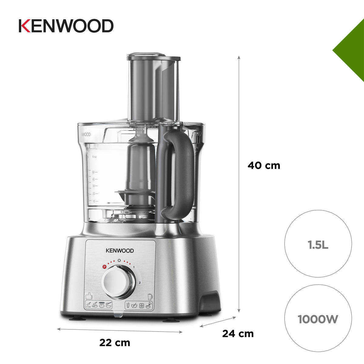 Kenwood MultiPro Express food processor with clear bowl, black handle, and silver base with control dial.