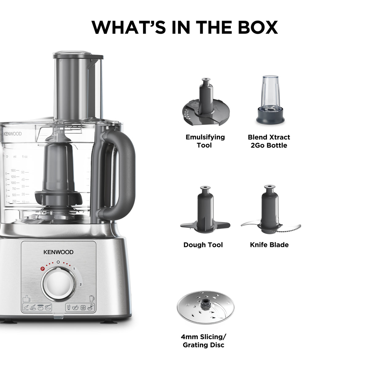 Kenwood MultiPro Express food processor with emulsifying tool, Blend Xtract bottle, dough tool, knife blade, and slicing