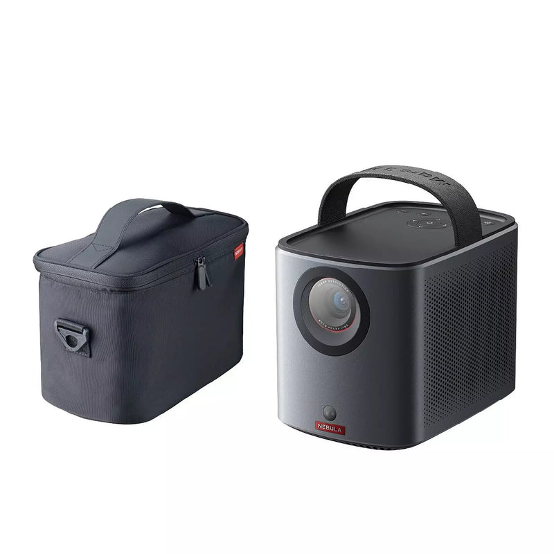 Anker Nebula Mars 3 Air projector with black fabric carry case, both shown side by side on white background.