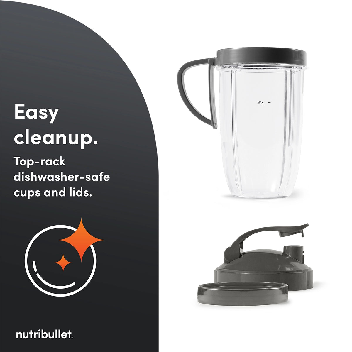 Clear Nutribullet 900 8-Piece McLaren cup with handle, lid, and flip-top cap shown separately on white background.