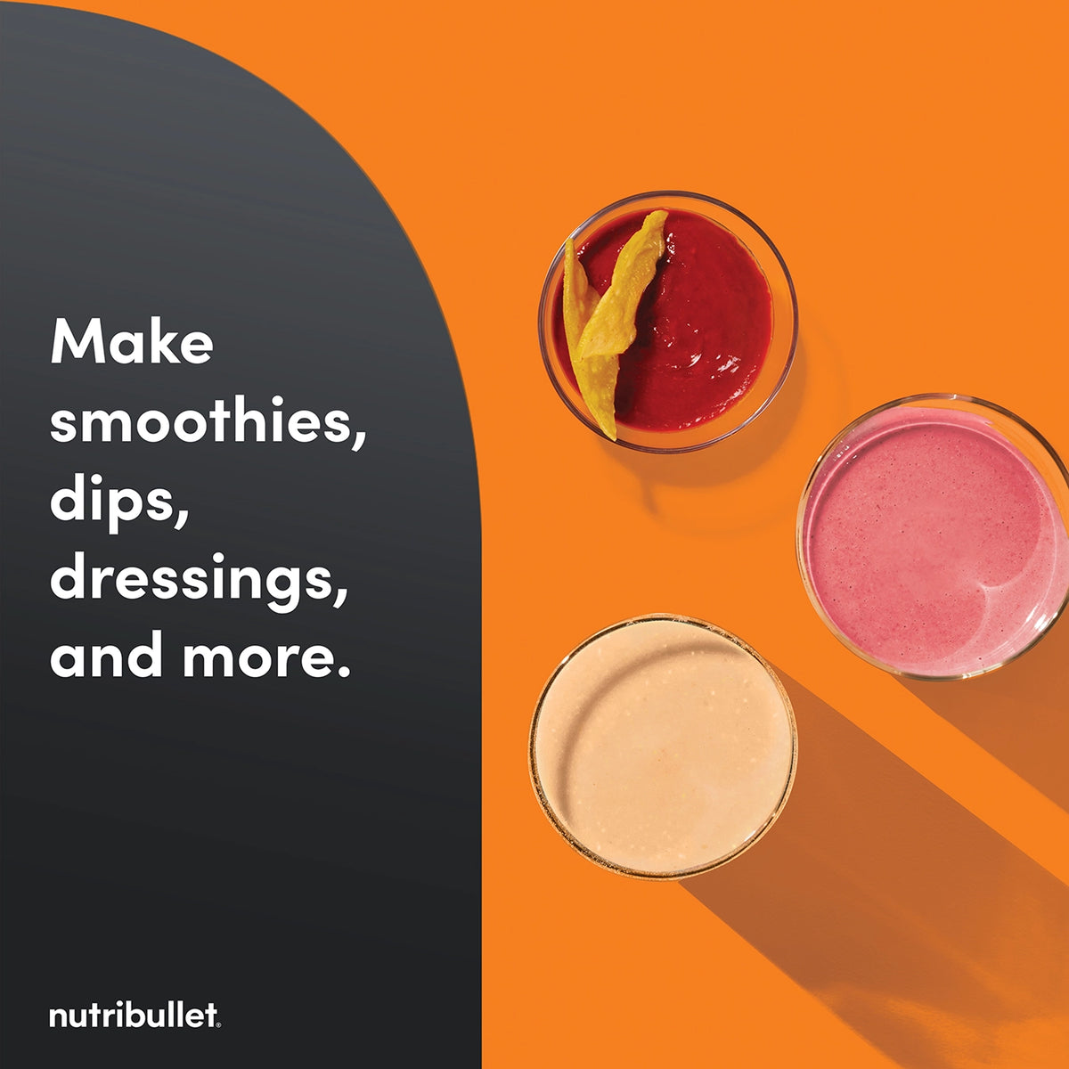 Three bowls with red, pink, and beige smoothies or dips on an orange background with Nutribullet text.