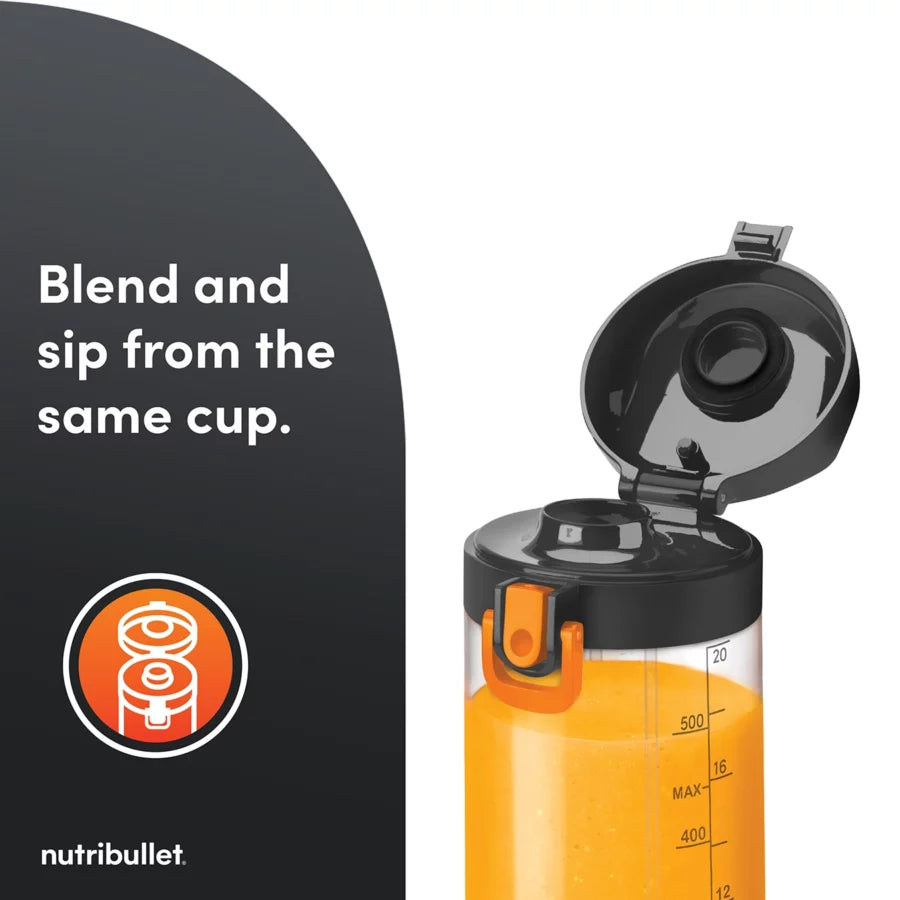 Nutribullet Portable McLaren grey cup with black flip-top lid open, filled with orange smoothie