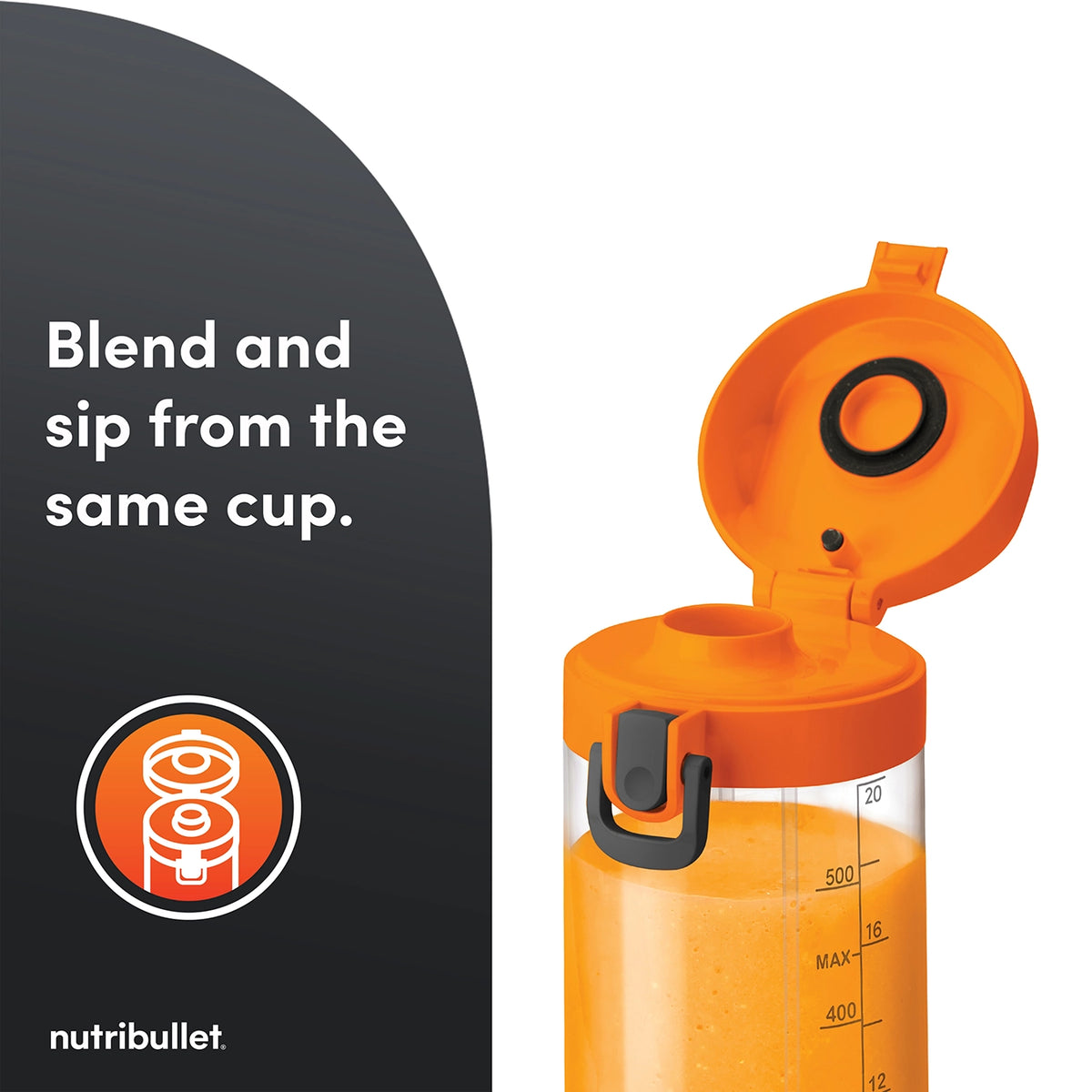 Nutribullet Portable McLaren in papaya with open lid showing sip spout and orange smoothie inside