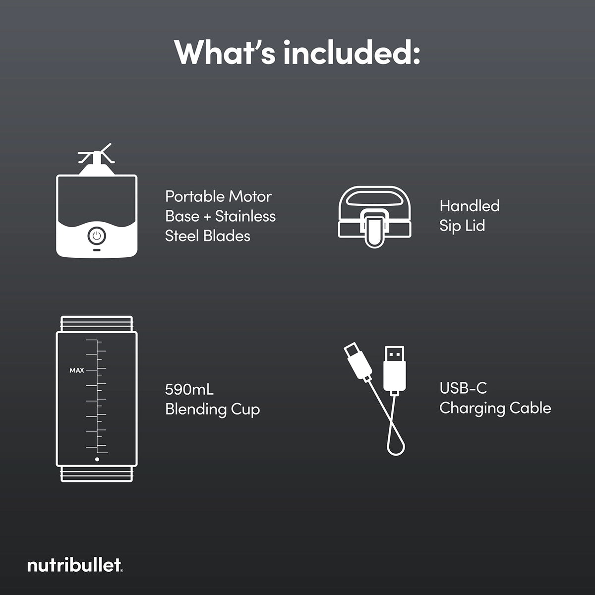 Diagram showing Nutribullet Portable McLaren parts: motor base, sip lid, 590mL cup, and USB-C charging cable.