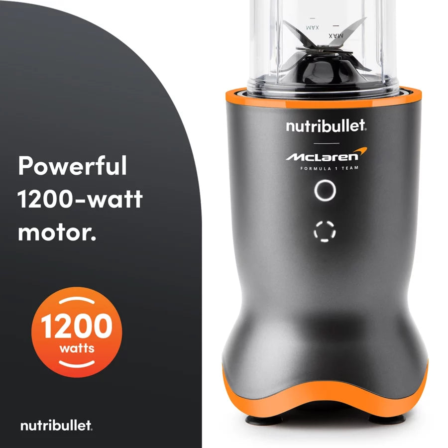 Nutribullet Ultra 1200 McLaren blender base in black with orange accents and control buttons visible.