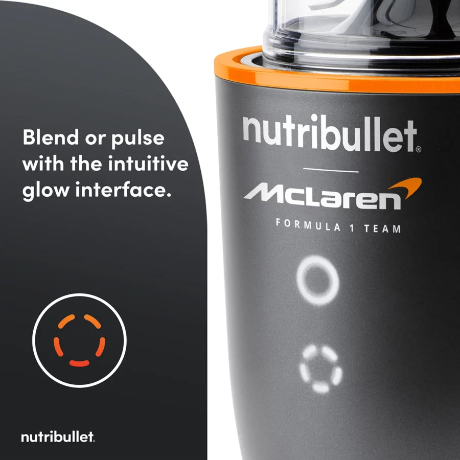 Close-up of Nutribullet Ultra 1200 McLaren blender base showing glow interface buttons and branding.
