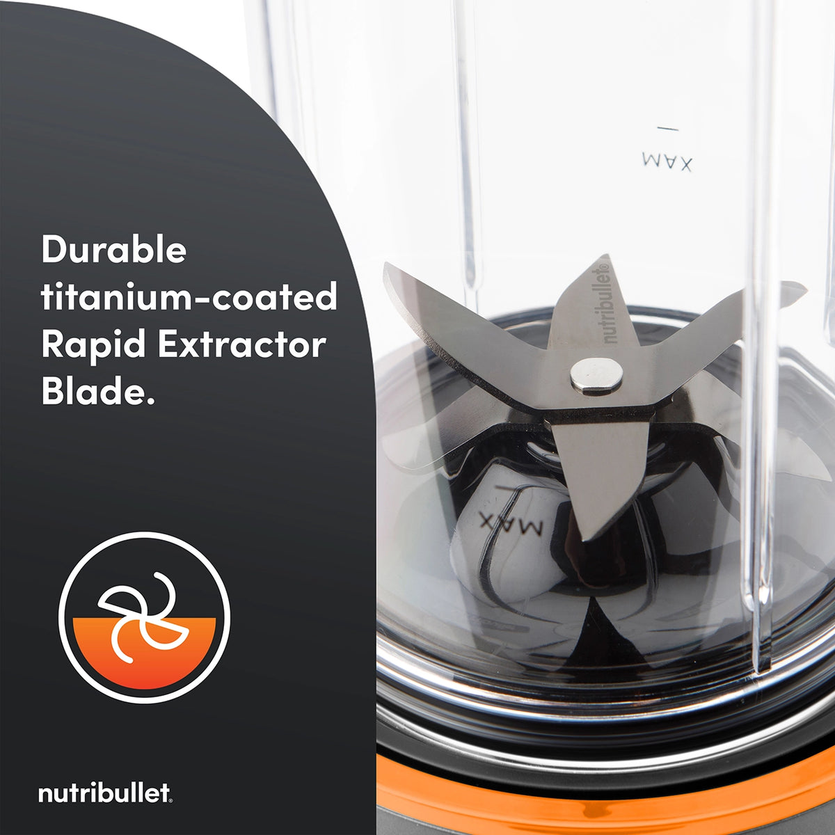 Close-up of Nutribullet Ultra 1200 McLaren titanium-coated Rapid Extractor Blade inside the blender cup.