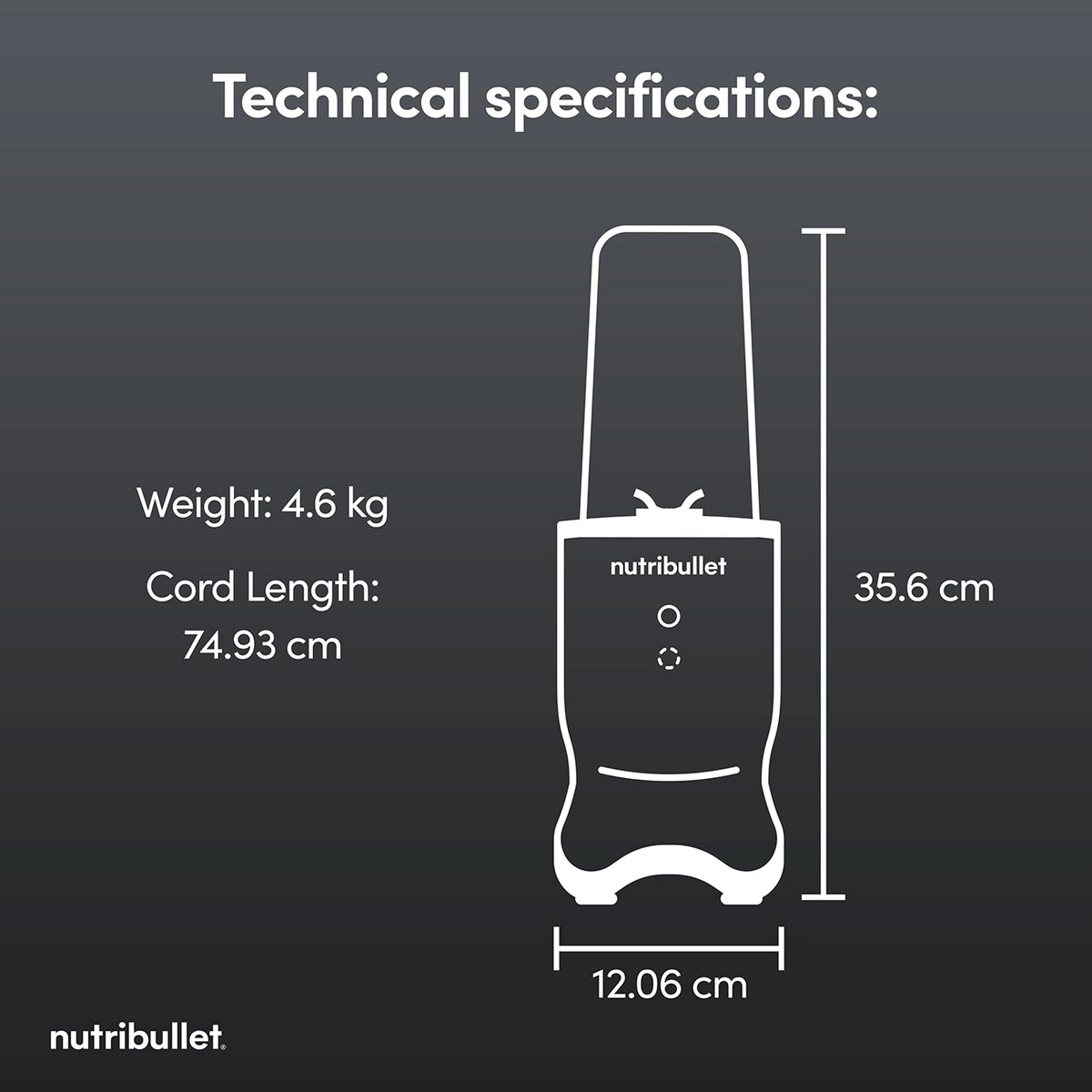 Technical drawing of Nutribullet Ultra 1200 McLaren blender with dimensions and weight details.
