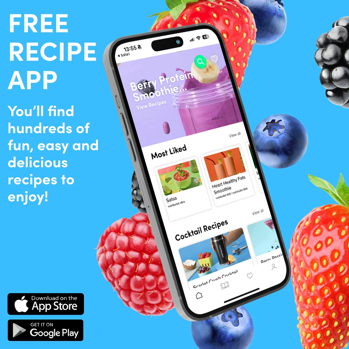 Smartphone displaying a recipe app screen with smoothie and cocktail recipes on a blue background.