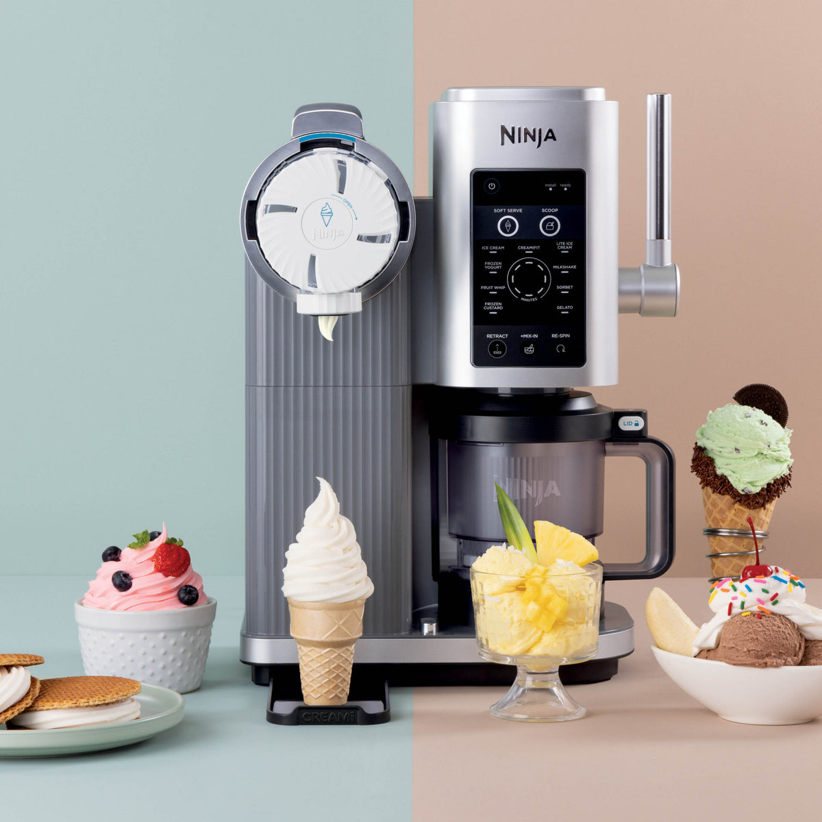 Ninja Swirl CREAMi soft serve and ice cream machine with control panel, dispenser, and various ice cream treats nearby