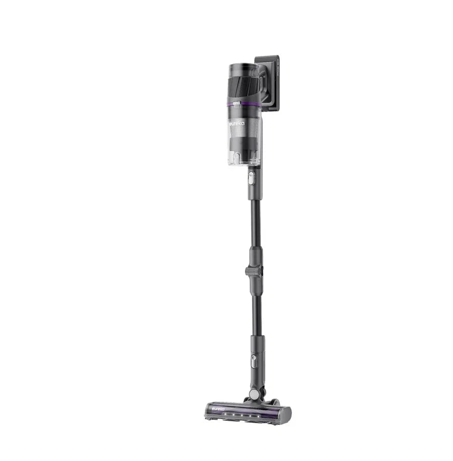 Eureka 60 Min Cordless Vacuum NEC530BK in black, shown mounted on a wall charging dock with LED lights on the floor head.